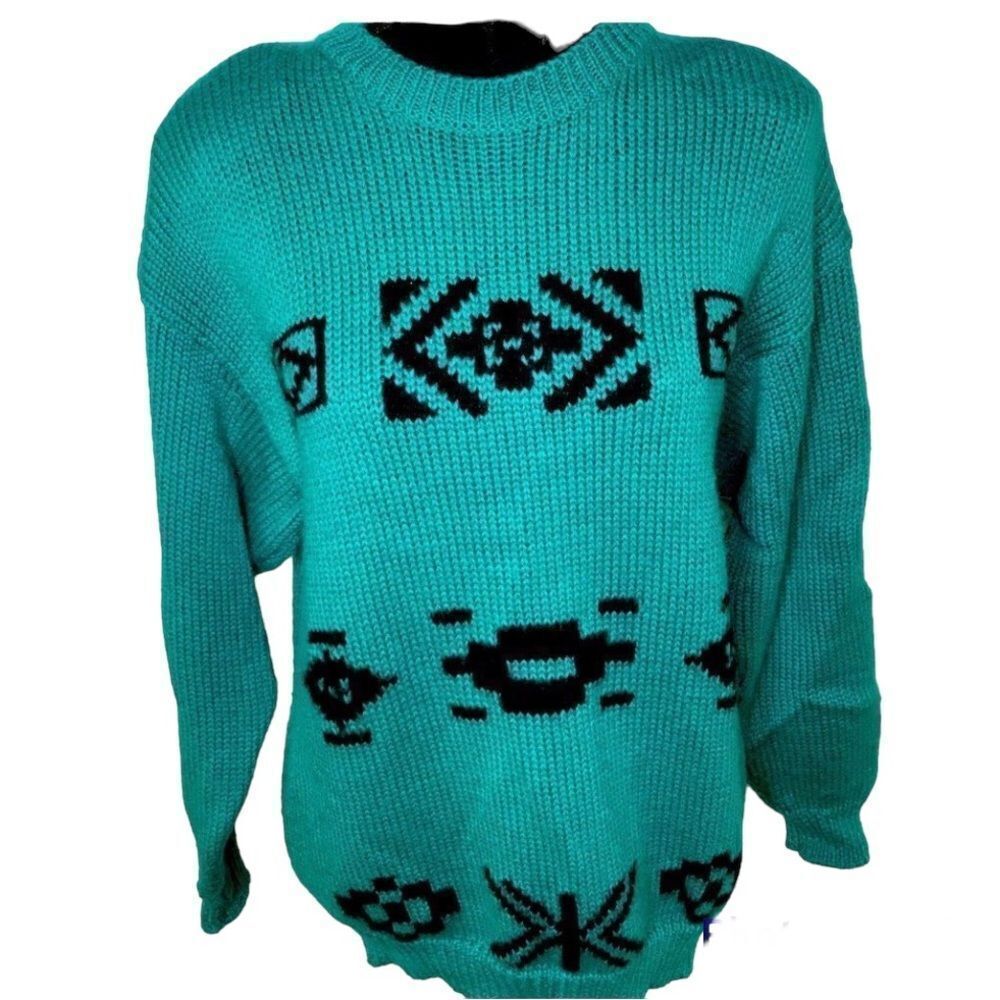 Vintage Garcia Knit Wool Acrylic Blend Aqua Blue 80’s Sweater Sz Large